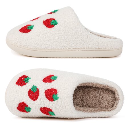 Warm Winter Cotton Home Slippers Cute Comfy Couple Men and Women Thick Bottom Soft Shoes Thickened Non-slip Lovely Adult Cute Plush Closefriend Slippers(White-strawberry+women 9-10/men 8.5-9.5)