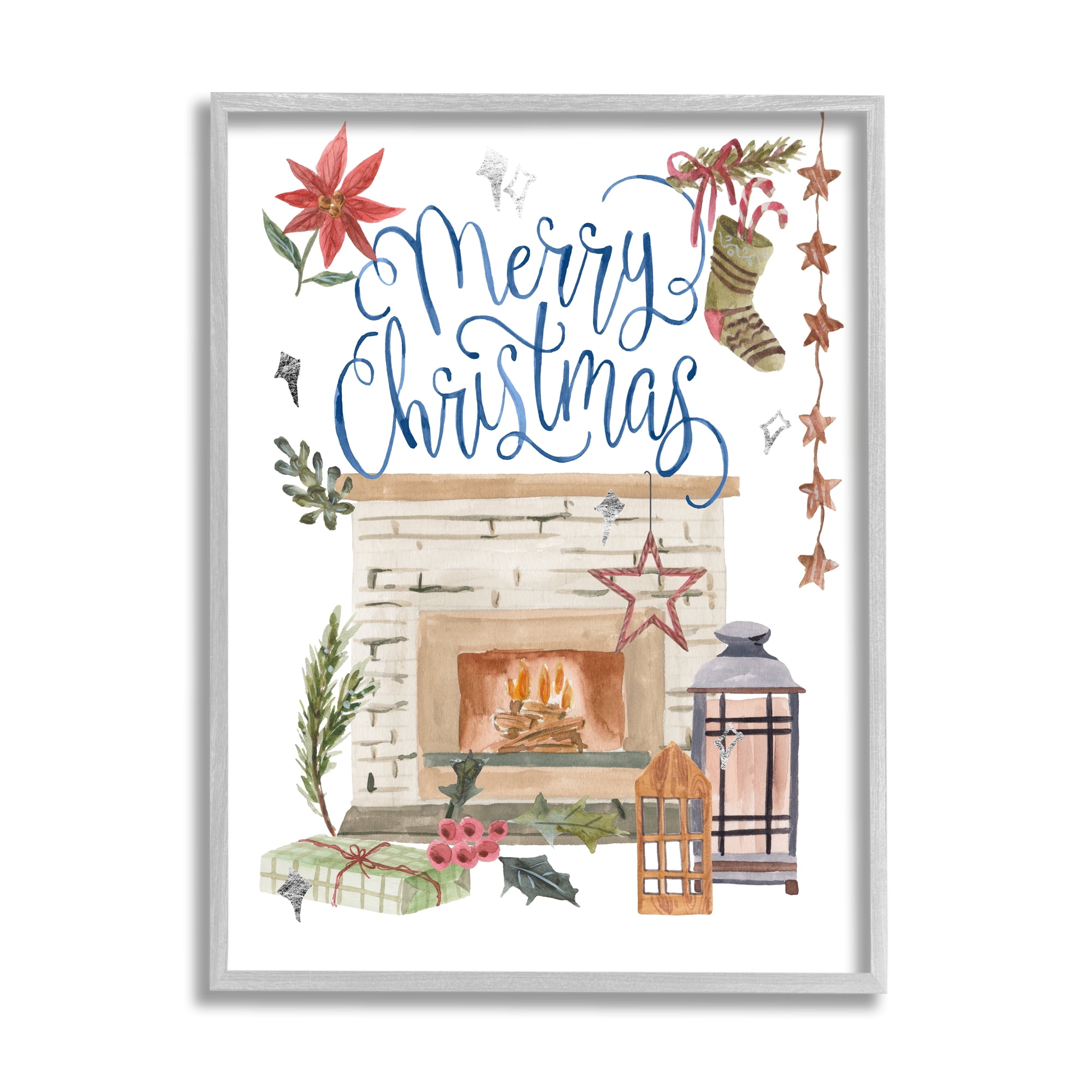 Warm Winter Fireplace Christmas Holly Motif Sentiment Inspirational Painting Framed Art Print Wall Art