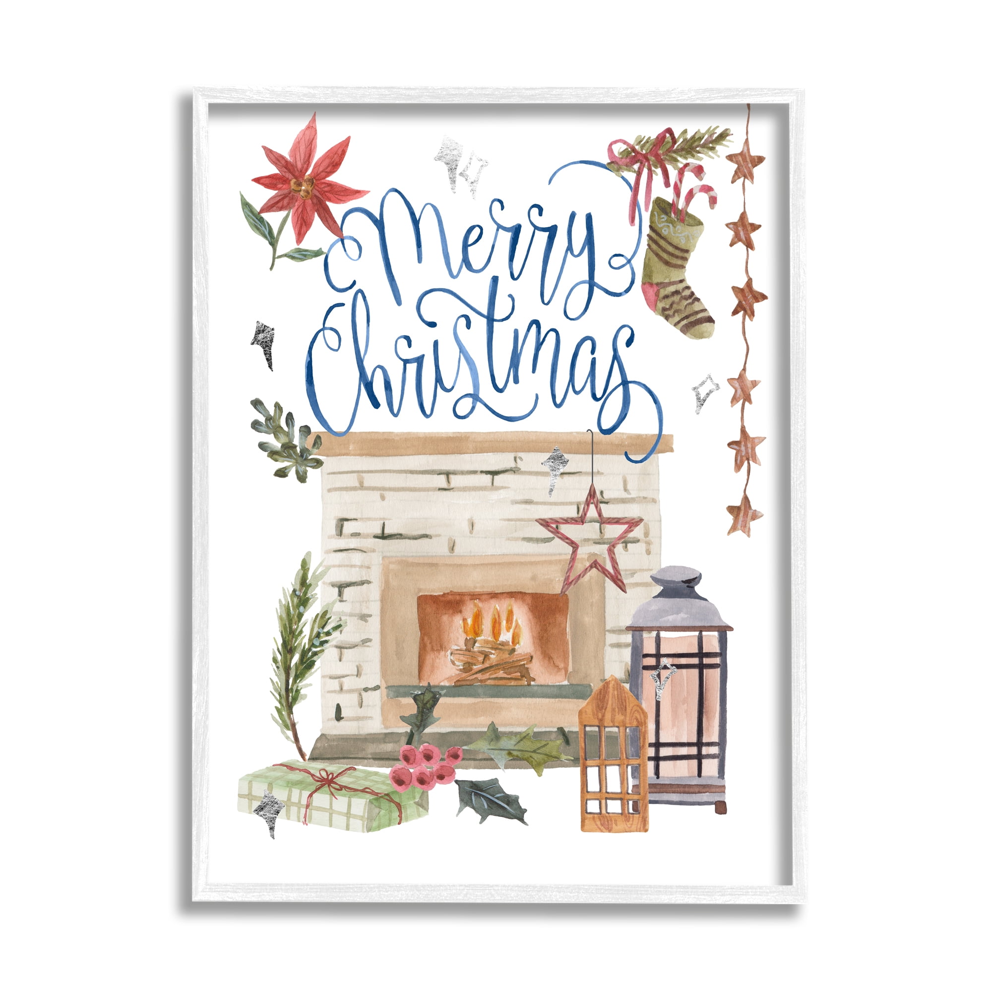 Warm Winter Fireplace Christmas Holly Motif Sentiment Inspirational Painting Framed Art Print Wall Art