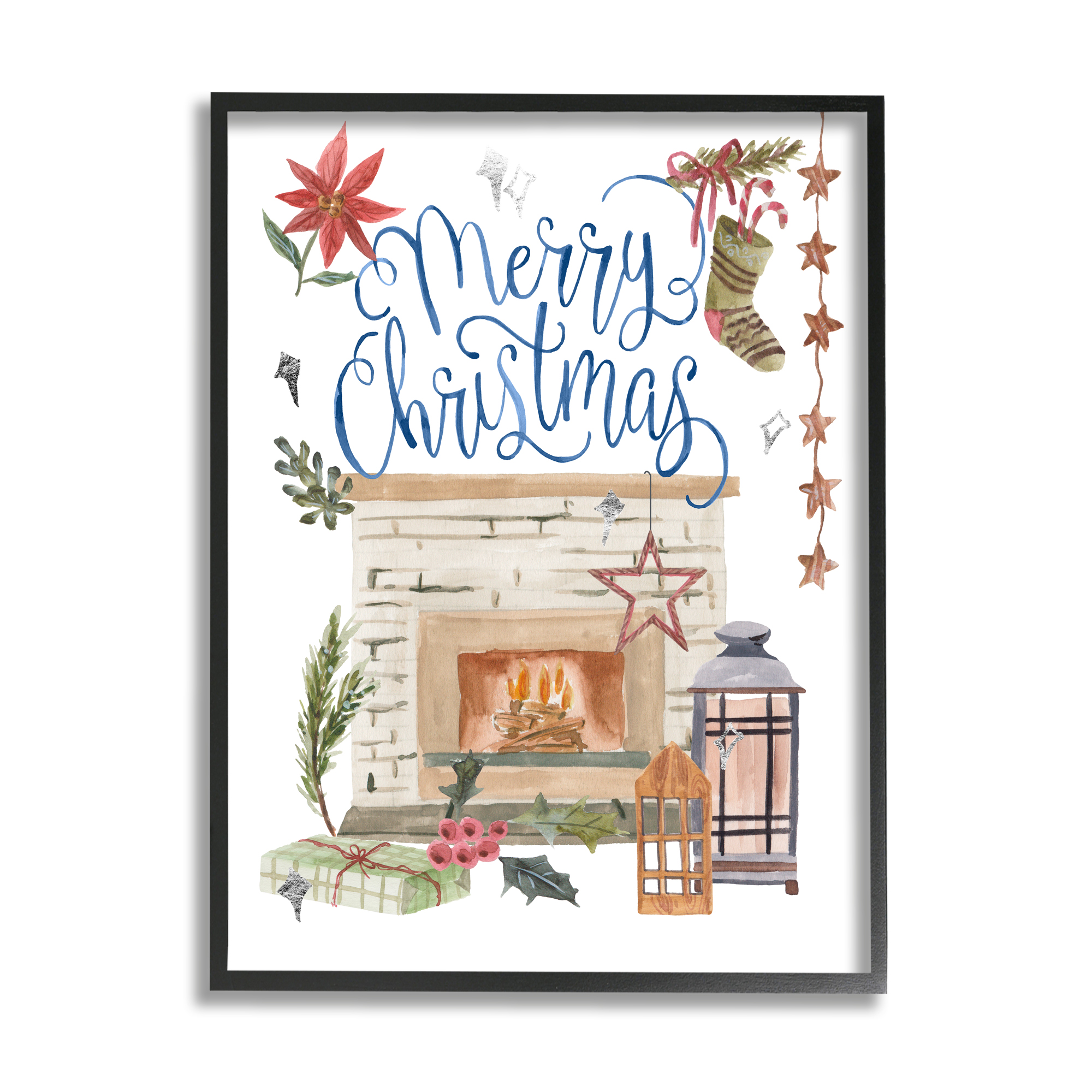 Warm Winter Fireplace Christmas Holly Motif Sentiment Inspirational Painting Framed Art Print Wall Art