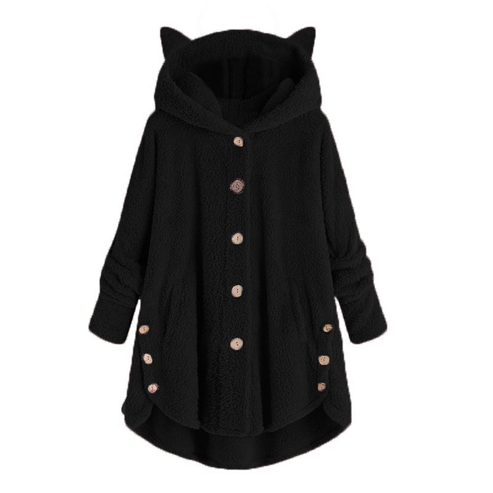 Warm Winter Fleece Jacket for Women Casual Button Down Hooded Tops Cute Cat Ear Oversized Coat Outerwear with Pockets Ladies Clothes Walmart