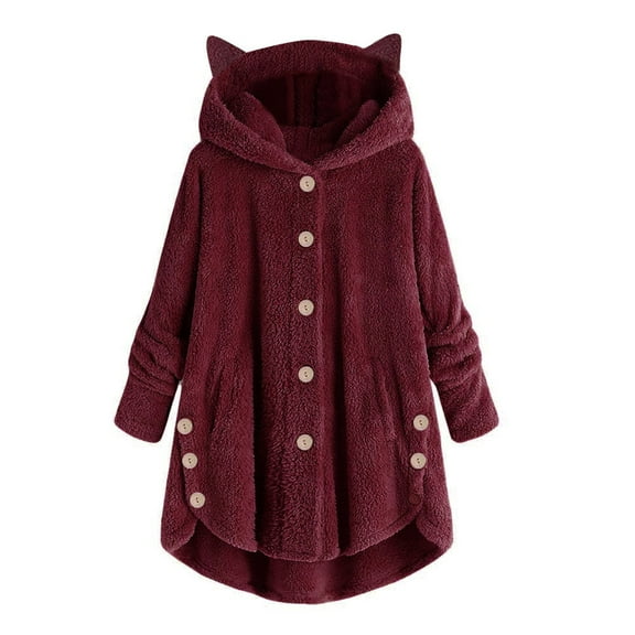 Warm Winter Fleece Jacket for Women Casual Button Down Hooded Tops Cute Cat Ear Oversized Coat Outerwear with Pockets Ladies Clothes