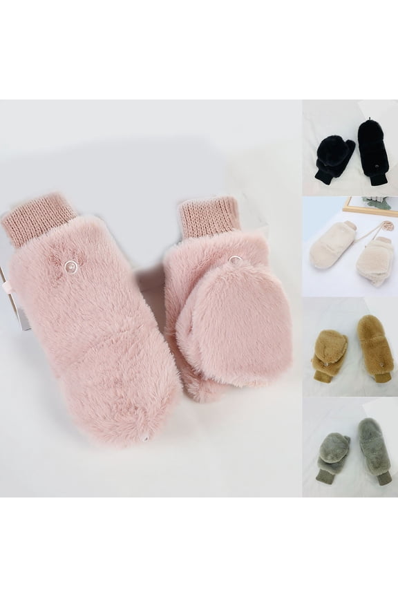 Warm Winter Gloves for Women Furry Imitation Rabbit Necklaces Finger Hugging Womens Mittens White One Size
