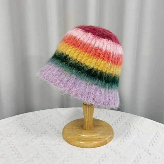 Warm Winter Hats for Women Knit Beanie Hat Women's Winter Plush Warm Versatile Striped Bucket Hat Knitted Wool Fisherman Hat Purple