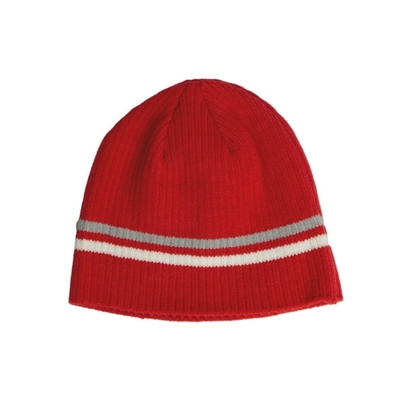 Warm Winter Knit Short Cuffless Ribbed Striped Skull Cap Beanie, Red