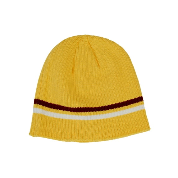 Warm Winter Knit Short Cuffless Ribbed Striped Skull Cap Beanie, Yellow