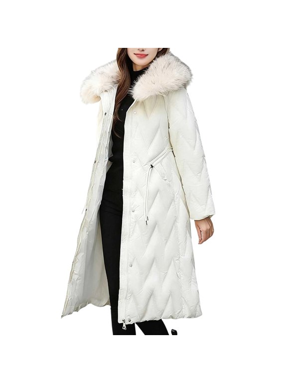 Warm Winter Long Quilted Down-Style Coat for Women, Faux Fur Trim Collar with Adjustable Drawstring Waist