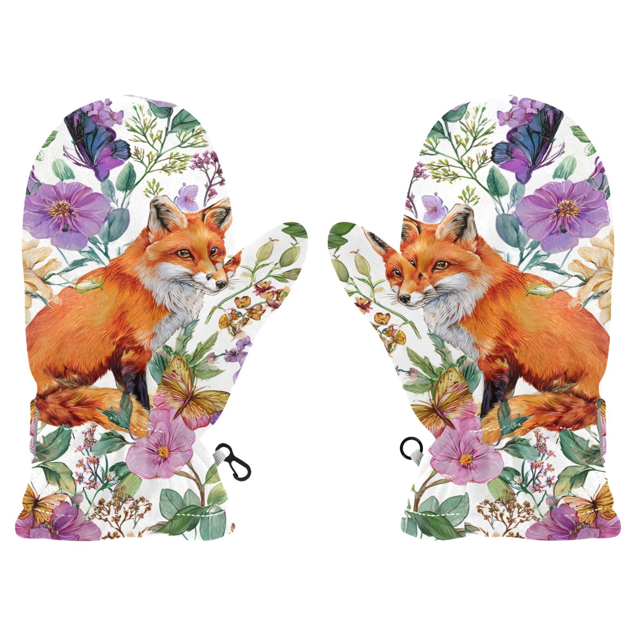 Warm Winter Mittens With Flower Fox Pattern Print,Polar Fleece ...