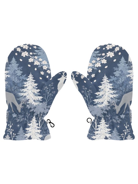 Warm Winter Mittens With Forest Deer Pattern Print,Polar Fleece Windproof Mittens with Wrist Adjustable Fastener & Connecting Hooks