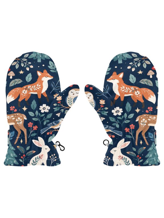 Warm Winter Mittens With Forest Fox Pattern Print,Polar Fleece Windproof Mittens with Wrist Adjustable Fastener & Connecting Hooks