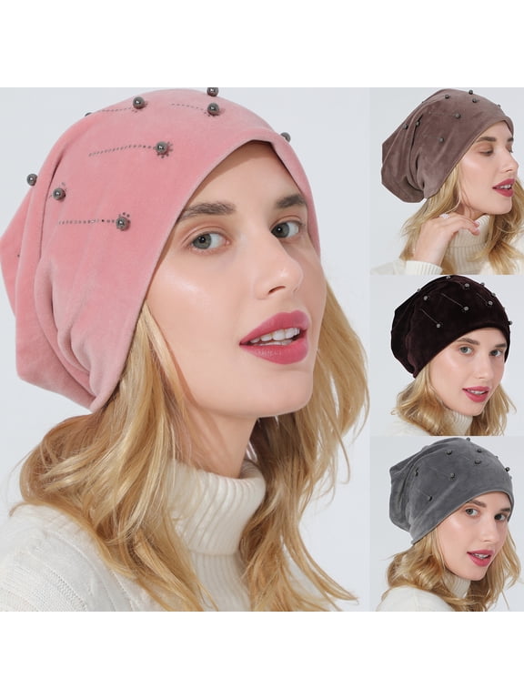 Warm Winter Skull Cap Slouchy Beanie Cap Velvet Turban Hat Cancer Chemo Beaded Hair Wrap Headwear