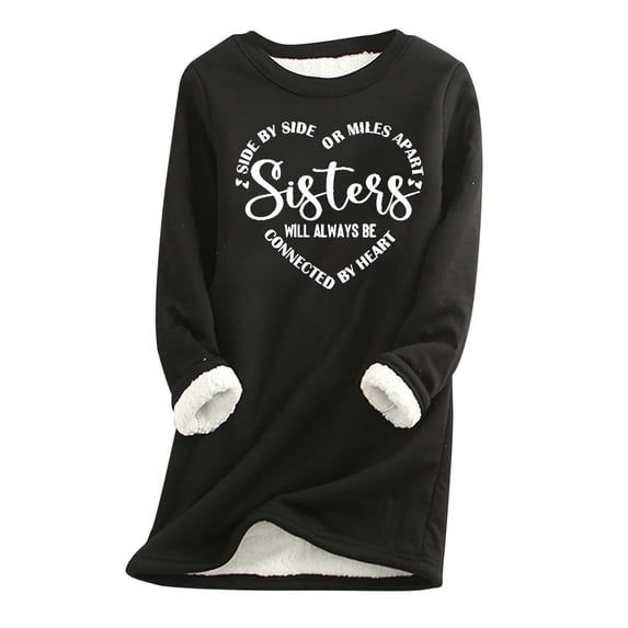 Warm Winter Tops for Women Fleece Pullover Lined Underwear Thick Long Sleeve Round Neck Trendy Print Casual Loose Sweatshirts,Black 1,3XL