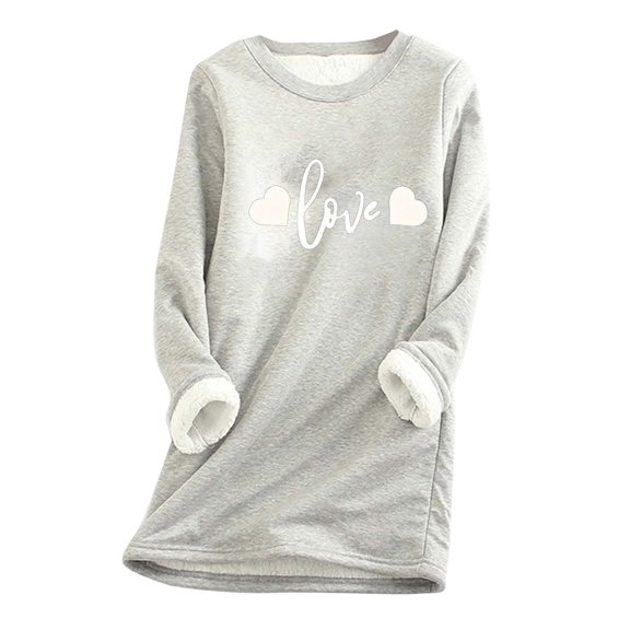 Warm Winter Tops for Women Fleece Pullover Lined Underwear Thick Long Sleeve Round Neck Trendy Print Casual Loose Sweatshirts,Gray 2,3XL
