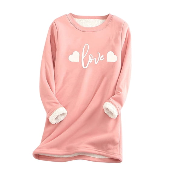 Warm Winter Tops for Women Fleece Pullover Lined Underwear Thick Long Sleeve Round Neck Trendy Print Casual Loose Sweatshirts,Pink 2,3XL