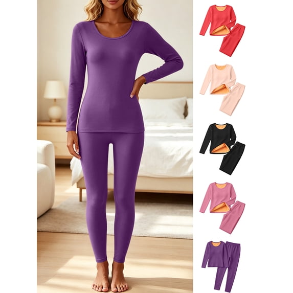 Warm Winter Undergarments Women Fleece Lined Long Sleeve Round Neck Top & Leggings 2‑Piece Warm Base Layer for Sleepwear
