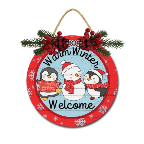 Warm Winter Welcome Sign Front for Door Decoration, 11 in Round Wood Wreaths Wall Hanging Outdoor, Farmhouse, Porch, for Spring Summer Fall All Seasons Holiday Christmas
