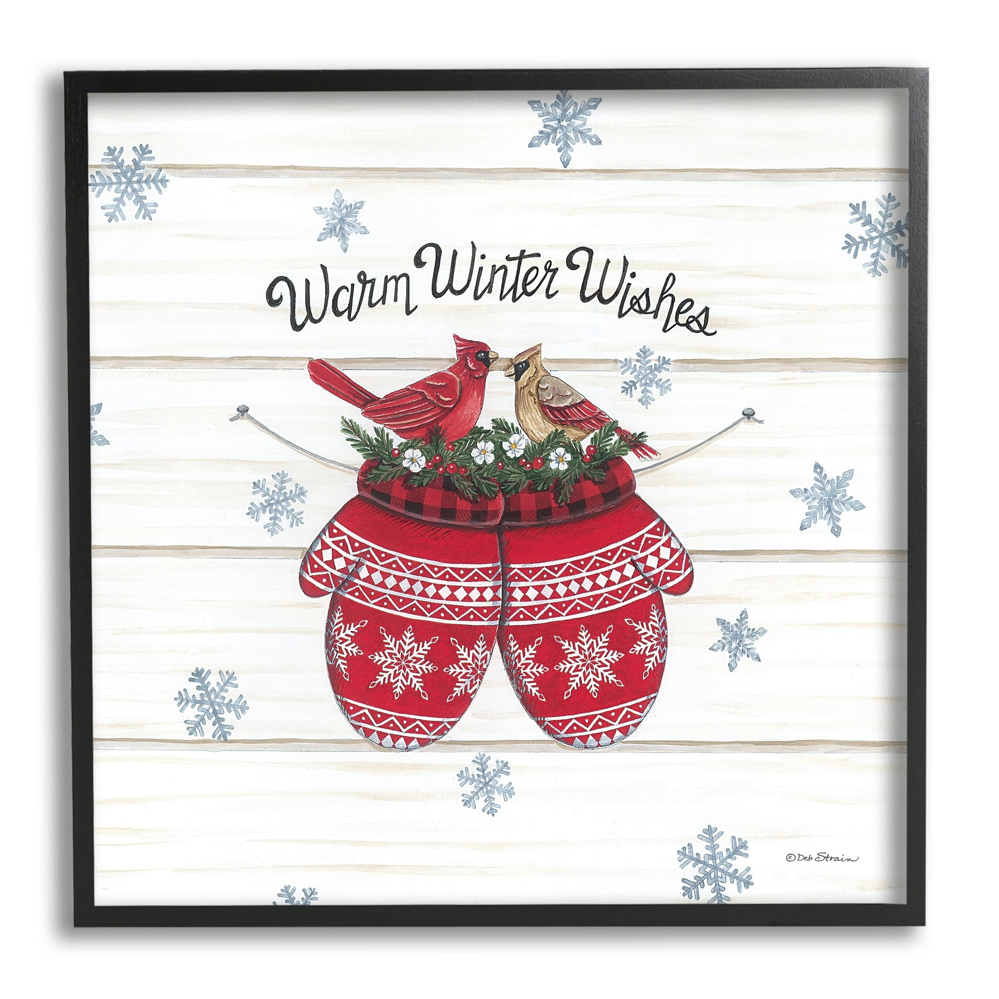 Warm Winter Wishes Cardinals Perched Festive Mittens Inspirational Graphic Art Framed Art Print Wall Art