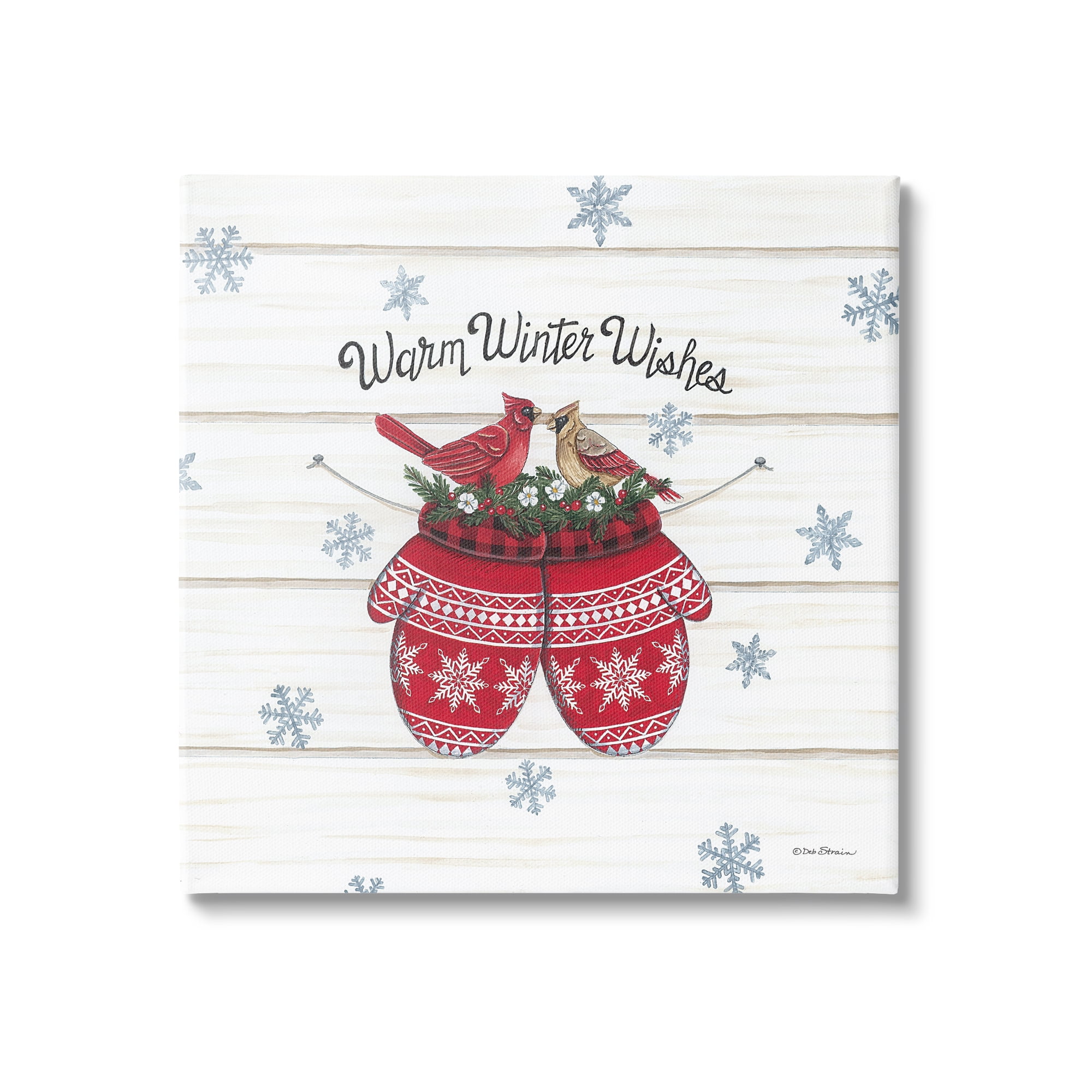 Warm Winter Wishes Cardinals Perched Festive Mittens Inspirational Graphic Art Gallery-Wrapped Canvas Print Wall Art