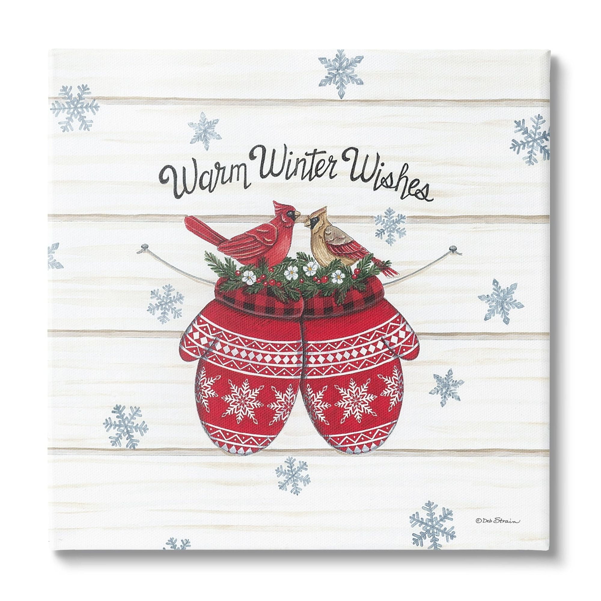 Warm Winter Wishes Cardinals Perched Festive Mittens Inspirational Graphic Art Gallery-Wrapped Canvas Print Wall Art