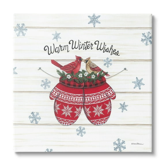 Warm Winter Wishes Cardinals Perched Festive Mittens Inspirational Graphic Art Gallery-Wrapped Canvas Print Wall Art
