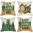thumbnail image 1 of Warm Winter Wishes Decorative Throw Pillow Covers 16 x 16 Set of 4, Cozy Vibes Christmas Pine Tree House Ornaments Outdoor Pillowcase, Snowflakes Farmhouse Holiday Cushion Case Home Decor, 1 of 5
