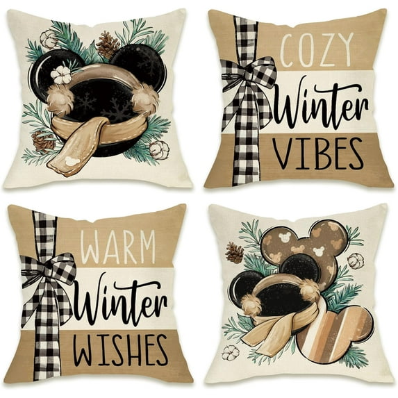Warm Winter Wishes Decorative Throw Pillow Covers 16 x 16 Set of 4, Cozy Vibes Pine Needle Farmhouse Outdoor Pillowcase, Seasonal Christmas Holiday Cushion Case Home Decor