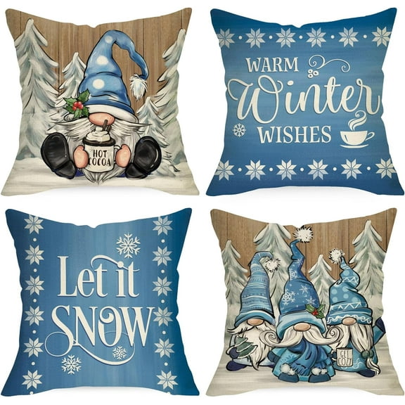Warm Winter Wishes Decorative Throw Pillow Covers 18x18 Set of 4, Let It Snow Blue Gnome Pine Trees Cushion Case Decor, Snowflakes Seasonal Farmhouse Home Decoration for Sofa Couch