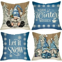 Warm Winter Wishes Decorative Throw Pillow Covers 18x18 Set of 4, Let It Snow Blue Gnome Pine Trees Cushion Case Decor, Snowflakes Seasonal Farmhouse Home Decoration for Sofa Couch
