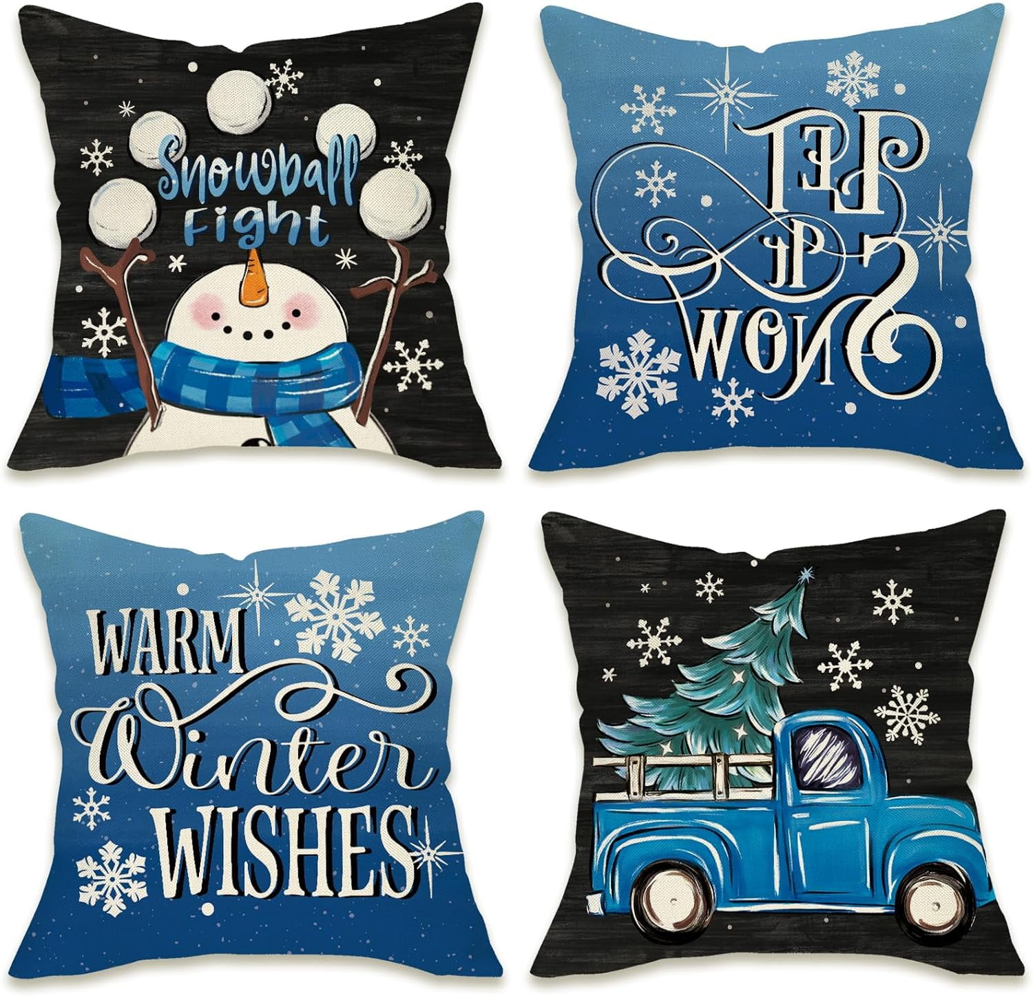 Warm Winter Wishes Decorative Throw Pillow Covers 18x18 Set of 4, Snowman Truck Christmas Tree Blue Black Outdoor Pillowcase, Let It Snow Snowflake Holiday Farmhouse Cushion Case Home Decor