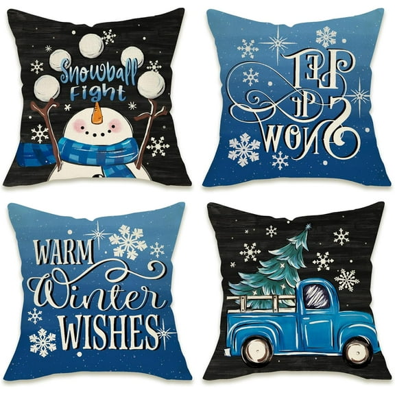 Warm Winter Wishes Decorative Throw Pillow Covers 18x18 Set of 4, Snowman Truck Christmas Tree Blue Black Outdoor Pillowcase, Let It Snow Snowflake Holiday Farmhouse Cushion Case Home Decor