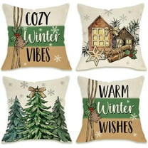 Warm Winter Wishes Decorative Throw Pillow Covers 20 x 20 Set of 4, Cozy Vibes Christmas Pine Tree House Ornaments Outdoor Pillowcase, Snowflakes Farmhouse Holiday Cushion Case Home Decor