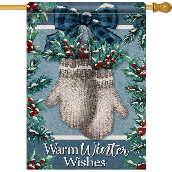 Warm Winter Wishes Gloves 28 x 40 House Flag, Christmas Mitten Red Berries Burlap Garden Yard Decoration, Xmas Buffalo Plaid Check Bow Farmhouse Outdoor Décor Decorative Large Flag