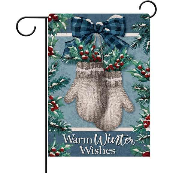 Warm Winter Wishes Gloves Decorative Garden Flag, Mitten Red Berries Farmhouse Yard Outside Decorations, Christmas Outdoor Small Decor 12x18