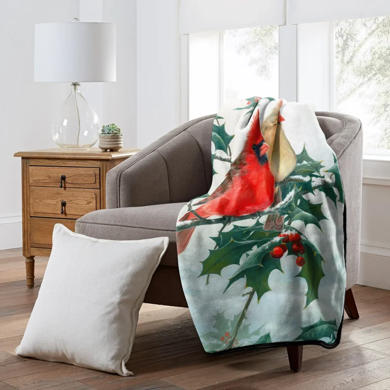Warm Wishes Cardinal Pair in Holly Royal Plush Raschel Throw Blanket 50 x 60