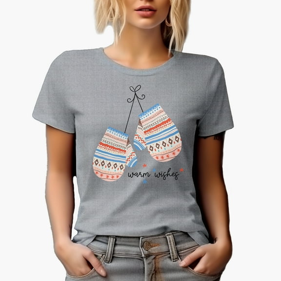 Warm Wishes with Christmas Geometric Pattern Gloves Art Merch Gift, Heather Grey T-Shirt, Large