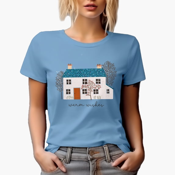 Warm Wishes with a Hand Drawn House in Winter or Christmas Season Art Merch Gift, Baby Blue T-Shirt, 2XL