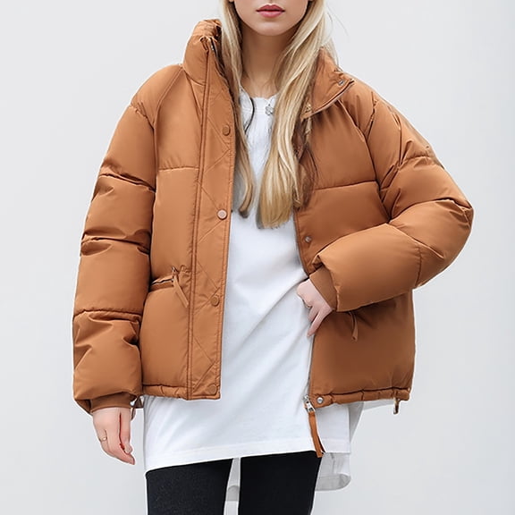 Warm Women's Short Jacket With Stand Collar Thick And Cozy Winter Coat Loose Fit Bread Jacket For Cold Weather Large Chalk Sleeve Warm Thicken Outerwear Jacket for Women Women plus Size Coats Pocket
