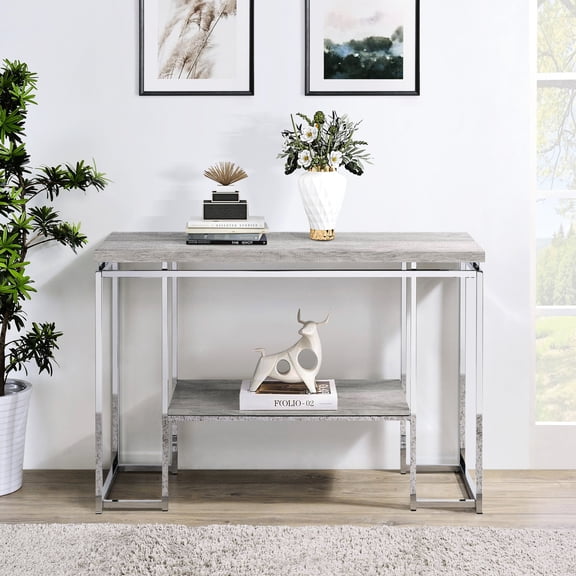 Warm Wood Finish - Metal Apron Trim Feature - Living Room Decor Piece - Blended Style Table