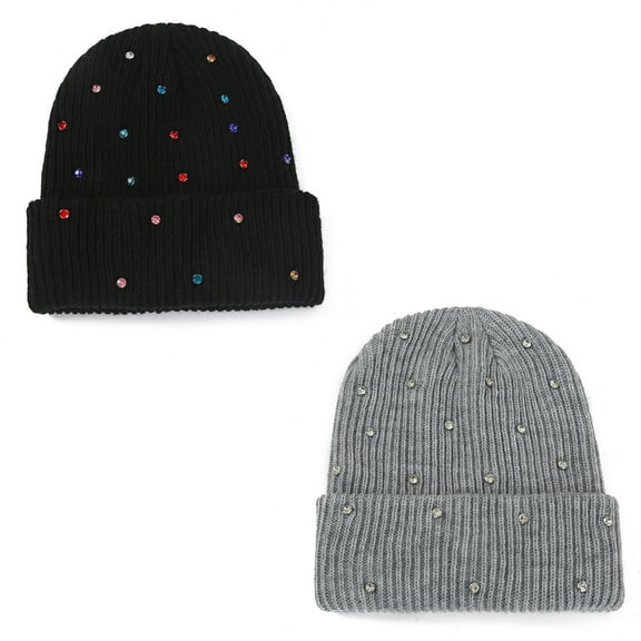 Warm Wool Beanie Hats for Women Girls Sparkly Rhinestones Winter Hat Fluffy Knitted Skull Cap