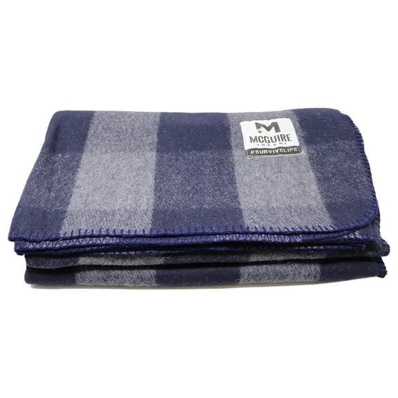 Warm Wool Bunkhouse Plaid Blanket for Camping, Home, Survival, or First Aid, 64" x 90" (Gray/Navy)