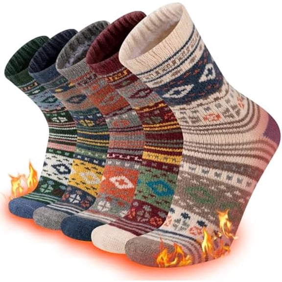 Warm Wool Socks Mens Winter Thermal Thick Crew Cold Weather Pattern Socks (5 Pairs)