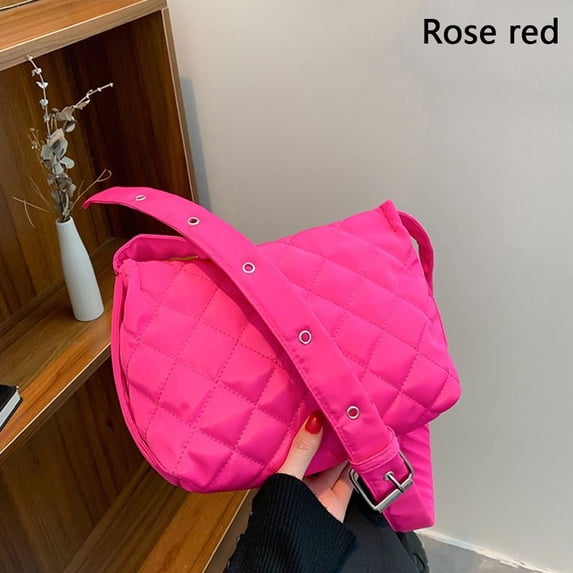 Warm Zipper Large Capacity Cotton Padded Quilted Tote Messenger Bag Puffy Handbag Shoulder Bag ROSE RED
