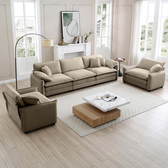 Warm and Cozy Sofa Set with Soft Cushions and Pillows, Home Theater Style Sofa Set Consisting of a 3-Seater Sofa and Two Single Sofasoy Fabric (Tan)