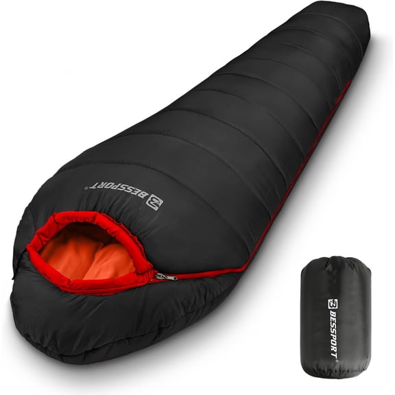 Warm and Washable 34 Season Mummy Sleeping Bag for Adults 15 F to 45 F, Black, Compressible, Synthetic Insulated