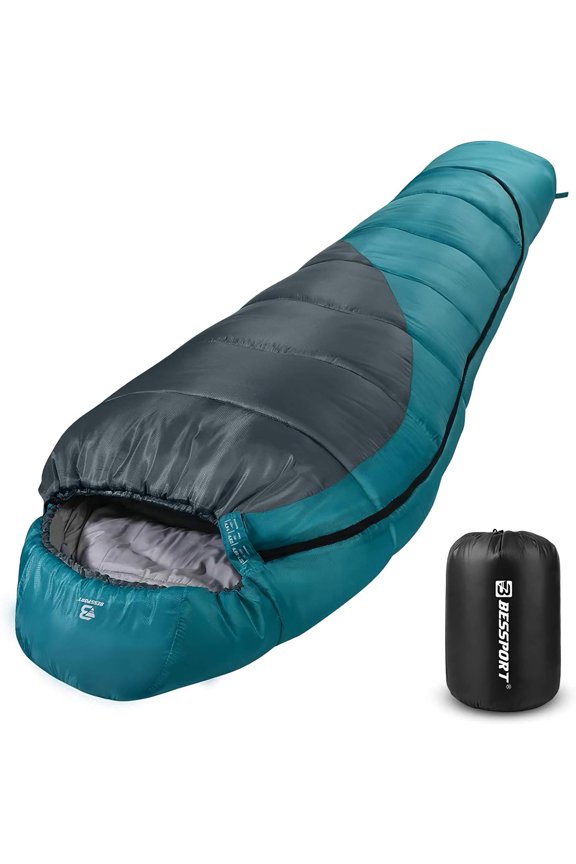 Warm and Washable 34 Season Mummy Sleeping Bag for Adults Blue and Grey, 1545 Comfort Rating, Compressible, Fits Up to 6.5 Feet
