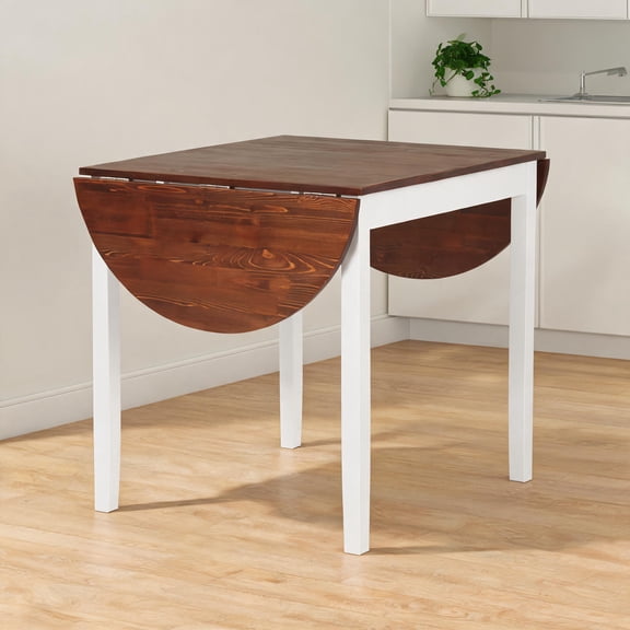 Warm brown solid pine 55-inch space-saving drop leaf table for small space dining and casual work, contemporary farmhouse style