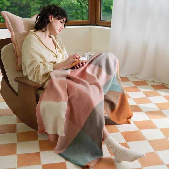 Warm and soft sofa blanket, luxurious decorative wool blanket, autumn checkered pattern, Mother's Day, housewarming gift, 50 inches x 60 inches, abundant multi colored harvest