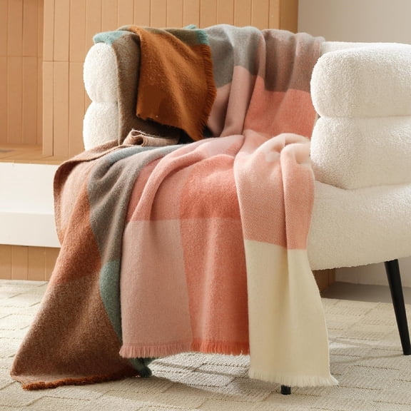 Warm and soft sofa blanket, luxurious decorative wool blanket, autumn checkered pattern, Mother's Day, housewarming gift, 50 inches x 60 inches, abundant multi colored harvest