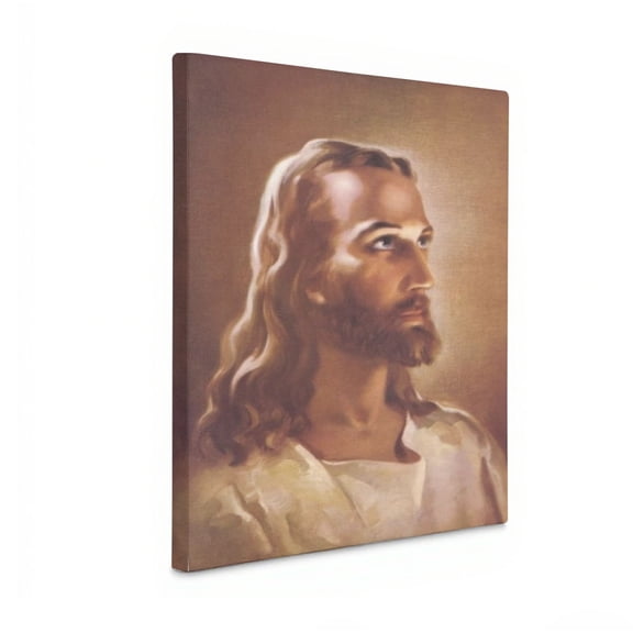 Warm-toned, realistic portrait of Jesus framed in high-density canvas: suitable for living rooms, bedrooms, and spaces reflecting faith. Soft texture, religious theme. 12x18in