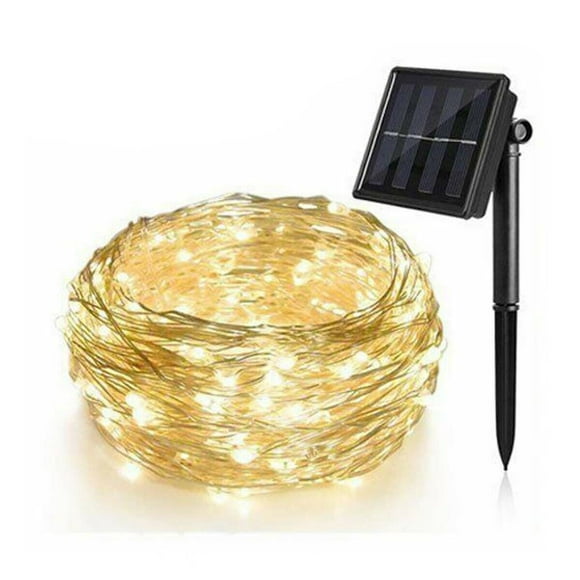 Warm yellow solar LED string light with 100 copper wires and 33 feet of waterproof outdoor decoration